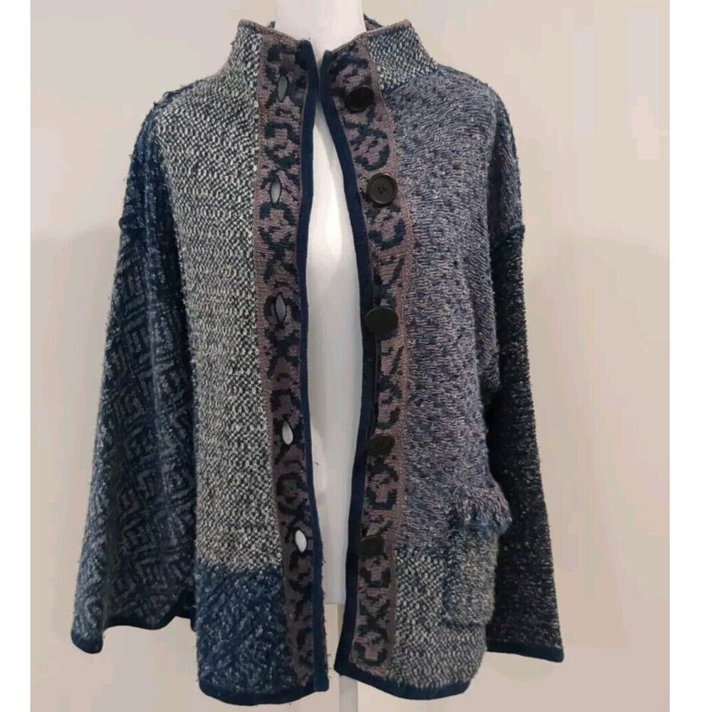 Coldwater Creek Big Button Blue Cardigan Boho Relaxed Color Block Sweater Sz M